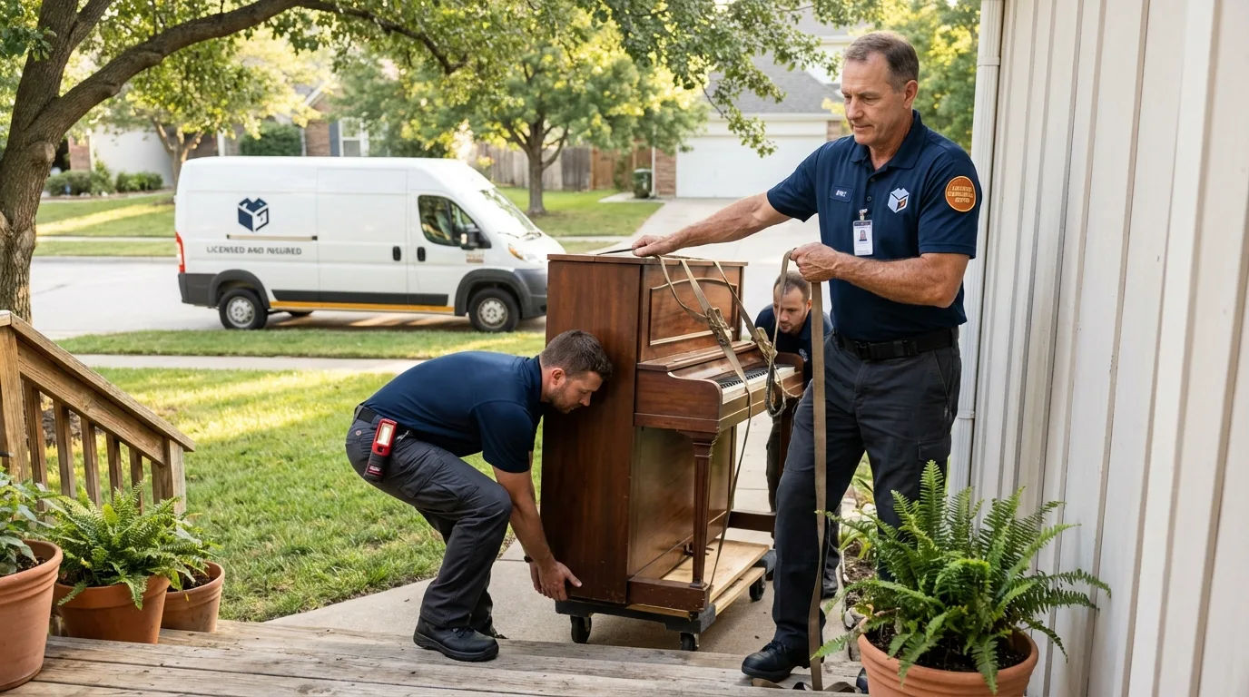 Licensed piano movers securing grand piano in Hightstown, NJ