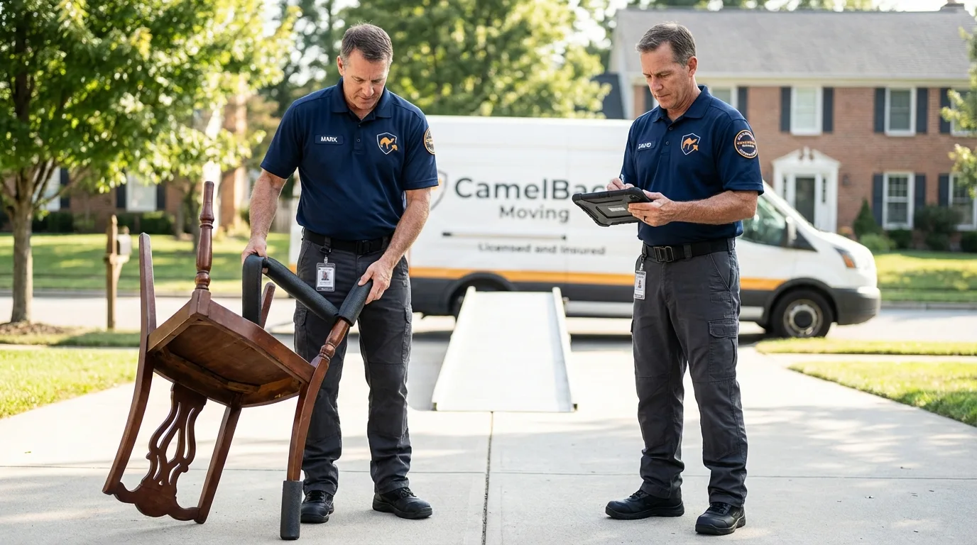 Movers inspecting furniture for damage prevention before loading in Hightstown, NJ