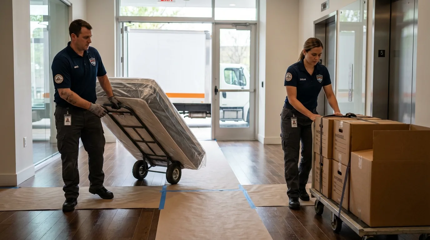 Professional apartment movers loading elevator in Hightstown, NJ