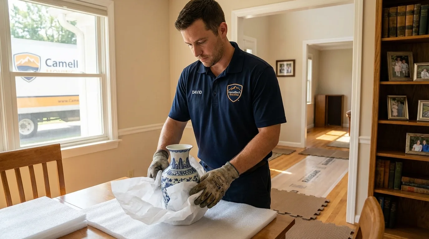 Professional crew carefully wrapping antique vase for senior downsizing move in Hightstown, NJ
